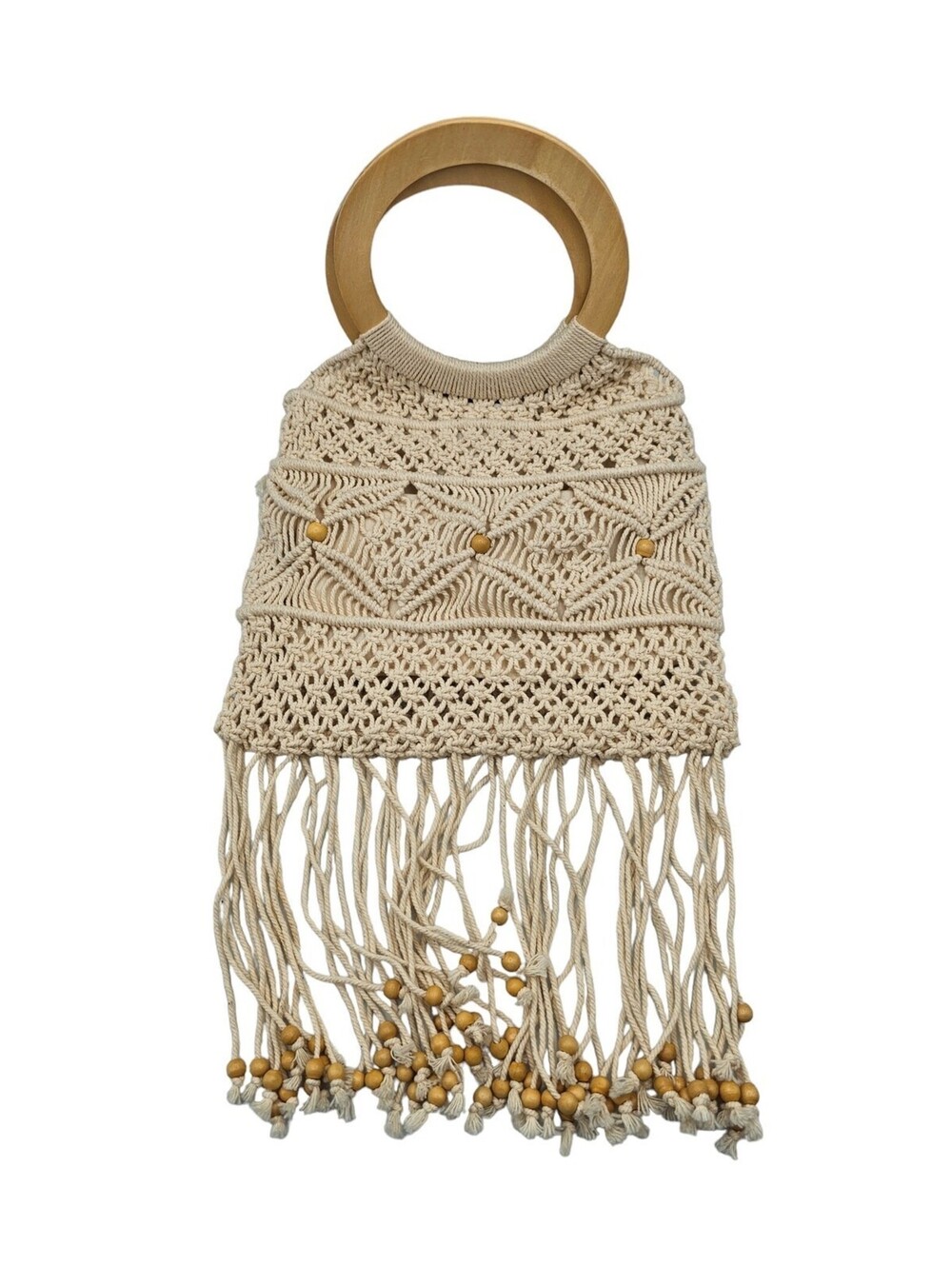Vintage 1980s Chateau Womens Macrame Crochet Bag Wooden Handle Boho Beige